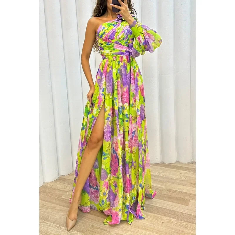 Aby | Elegantiška Gėlėta Suknelė Viena Pečių